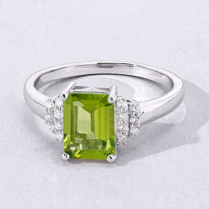 1.60 Ct Octagon Green Peridot and Lab Diamond Prong Silver Cocktail Ring