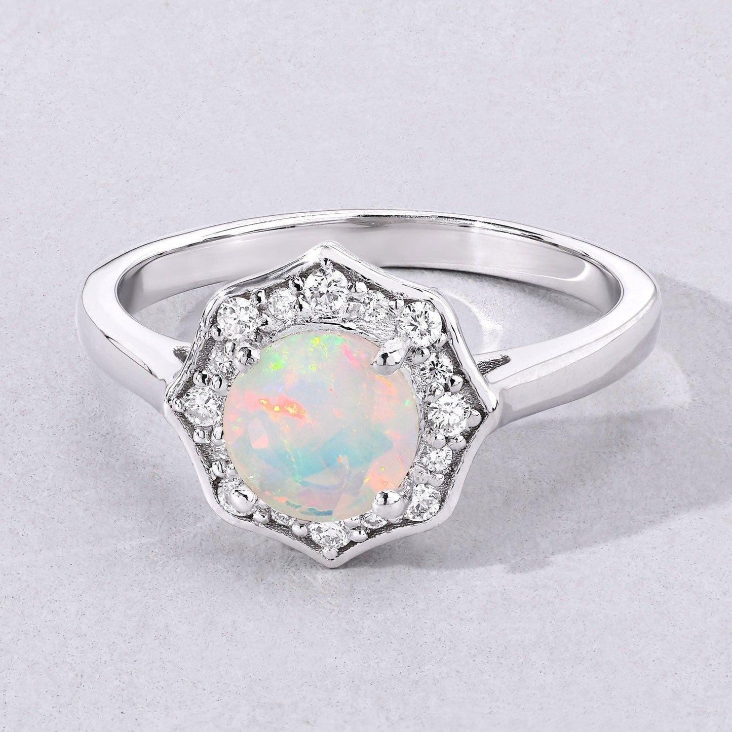 0.60 Ct Round White Ethiopian Opal and Lab Diamond Prong Silver Halo Ring