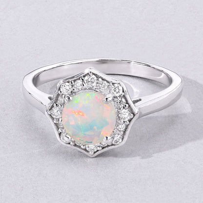 0.60 Ct Round White Ethiopian Opal and Lab Diamond Prong Silver Halo Ring