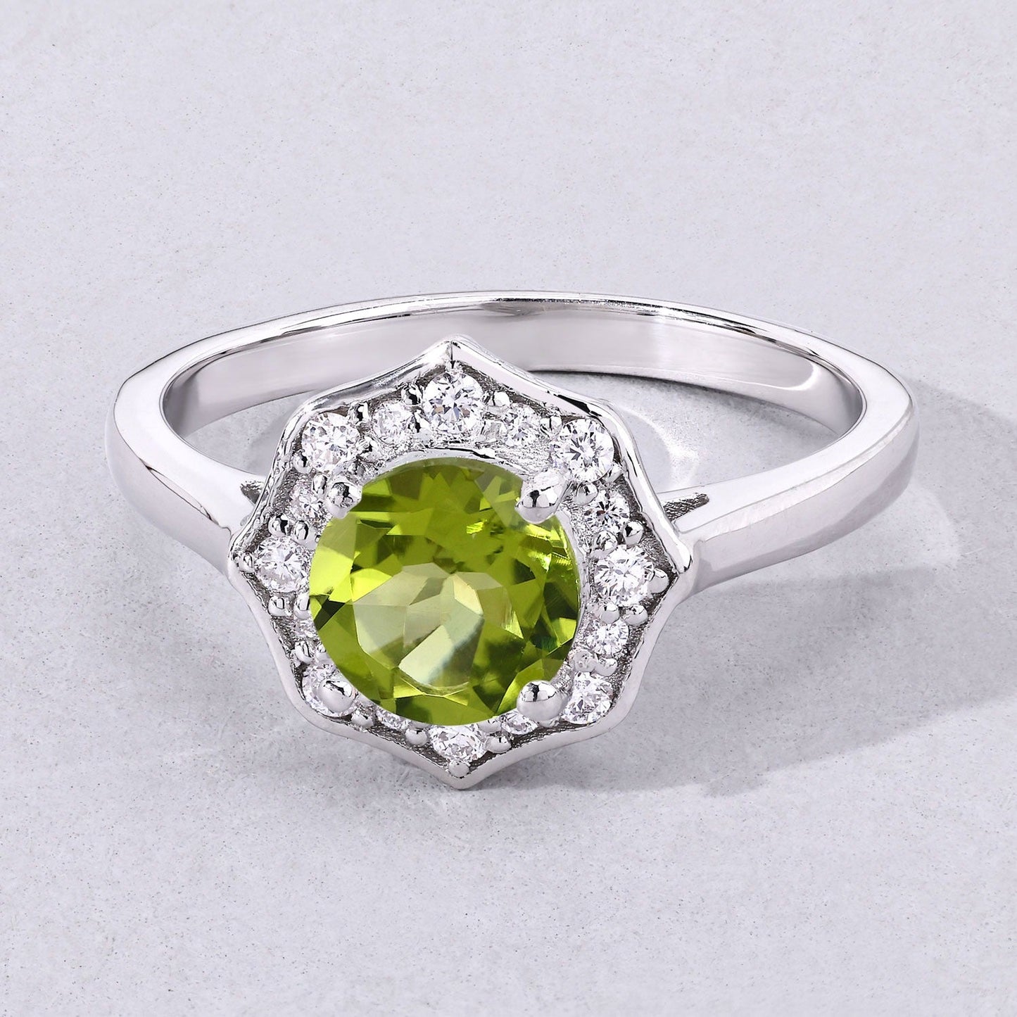 1.10 Ct Round Green Peridot and Lab Diamond Prong Silver Halo Ring