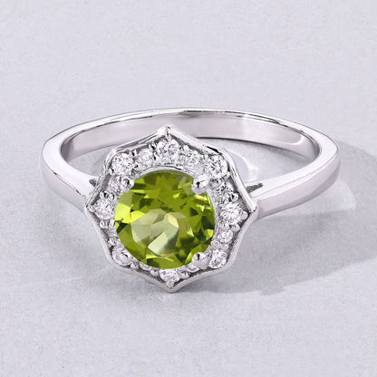 1.10 Ct Round Green Peridot and Lab Diamond Prong Silver Halo Ring