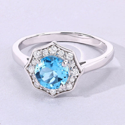 1.20 Ct Round Swiss Blue Topaz and Lab Diamond Prong Silver Halo Ring