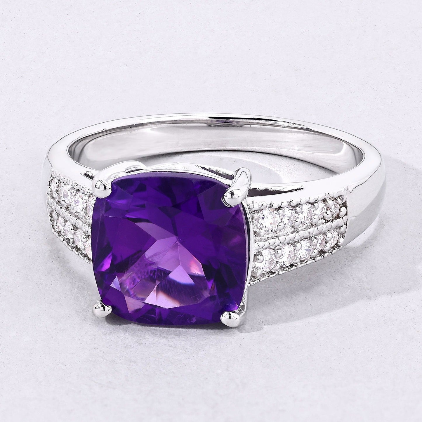 2.60 Ct Cushion Purple Amethyst and Lab Diamond Prong Silver Pave Bridge Ring