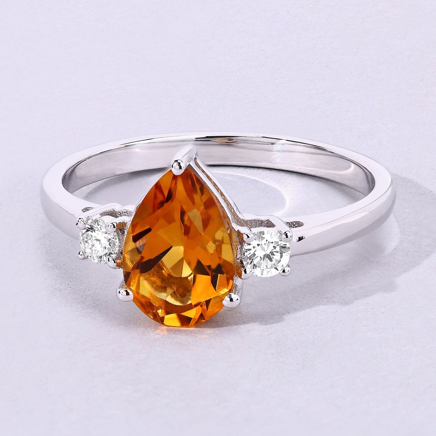 1.05 Ct Pear Yellow Madeira Citrine and Lab Diamond Prong Silver Three Stone Ring