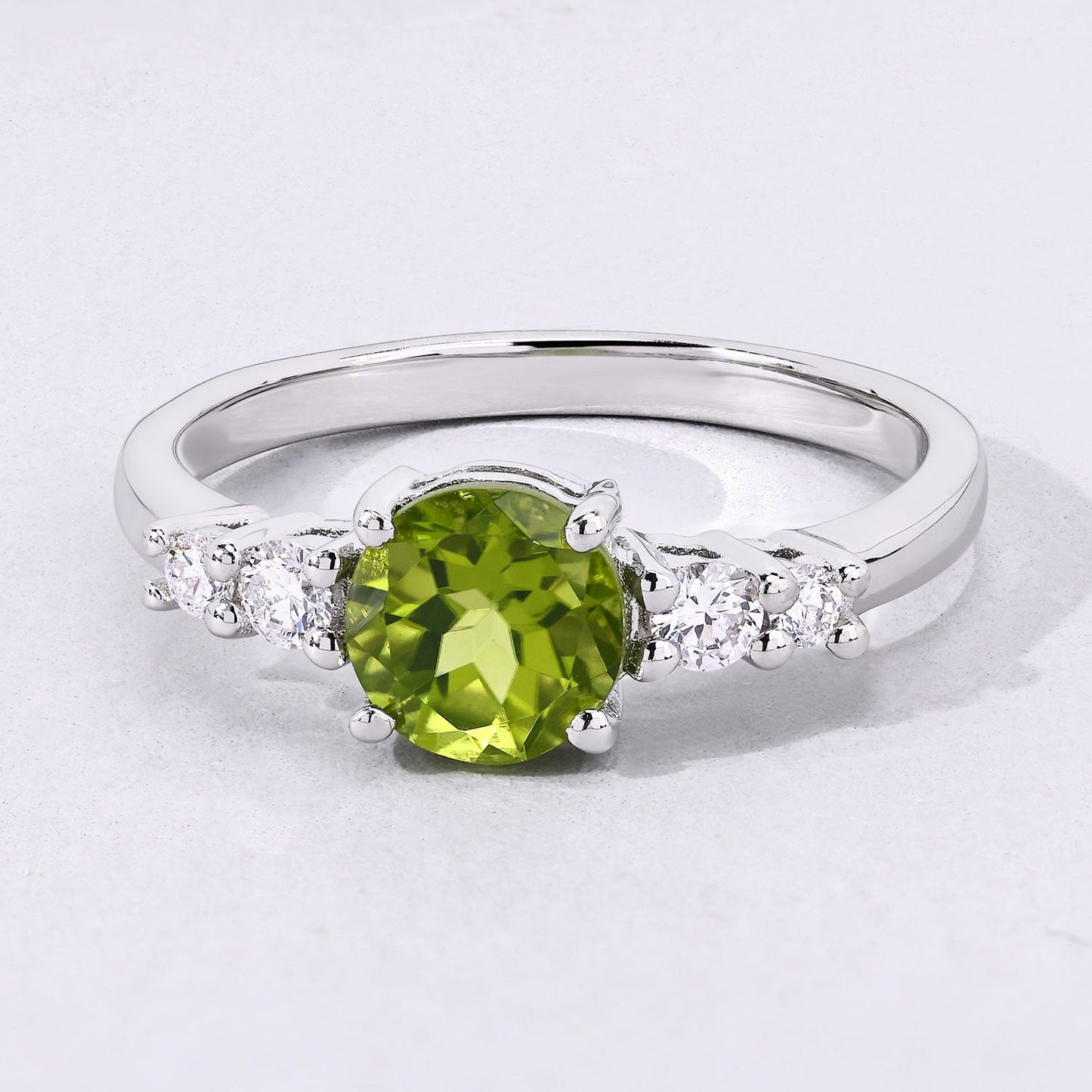 1.10 Ct Round Green Peridot and Lab Diamond Prong Silver Five Stone Ring