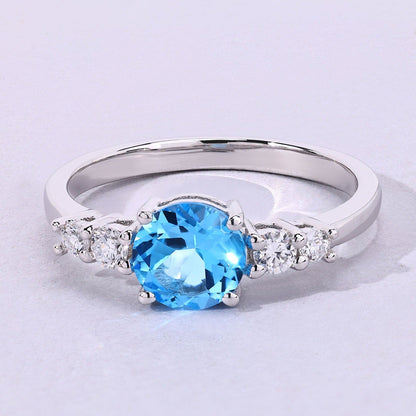 1.20 Ct Round Swiss Blue Topaz and Lab Diamond Prong Silver Five Stone Ring