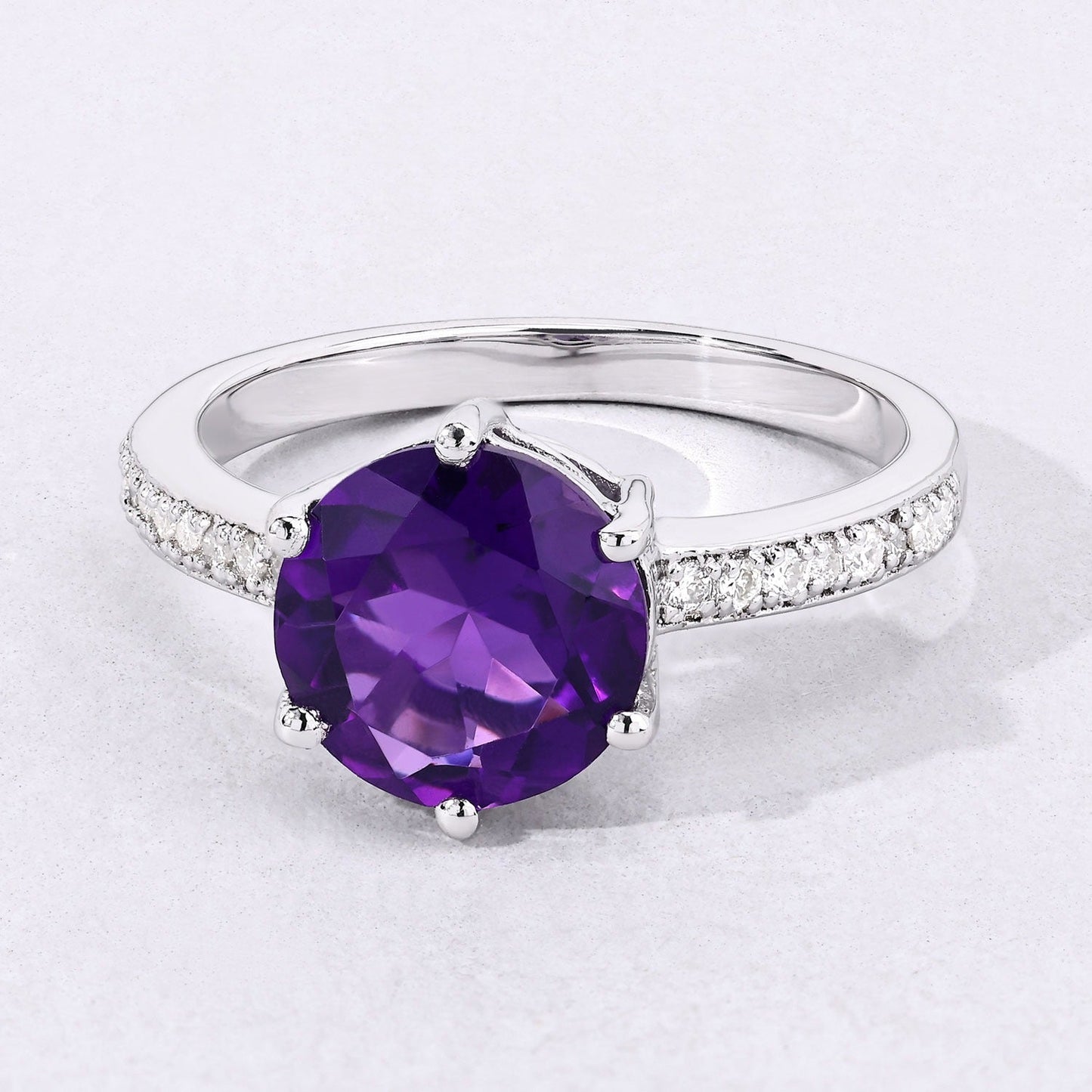2.40 Ct Round Purple Amethyst and Lab Diamond Prong Silver Pave Bridge Ring