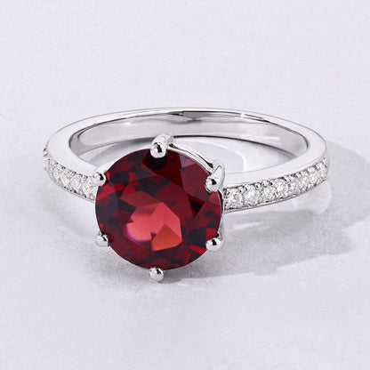3.25 Ct Round Red Mozambique Garnet and Lab Diamond Prong Silver Pave Bridge Ring
