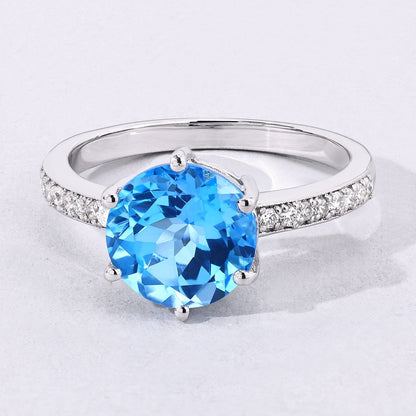 3.75 Ct Round Swiss Blue Topaz and Lab Diamond Prong Silver Pave Bridge Ring