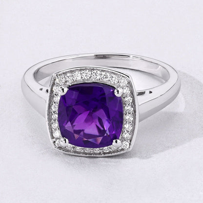 1.80 Ct Cushion Purple Amethyst and Lab Diamond Prong Silver Halo Cocktail Ring