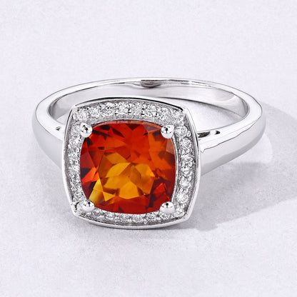 2 Ct Cushion Yellow Madeira Citrine and Lab Diamond Prong Silver Halo Ring