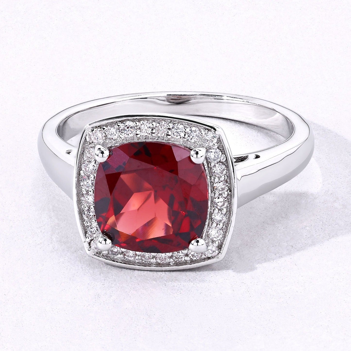2.35 Ct Cushion Red Mozambique Garnet and Lab Diamond Prong Silver Halo Ring