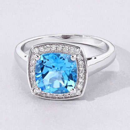 2.30 Ct Cushion Swiss Blue Topaz Lab Diamond Prong Silver Halo Ring