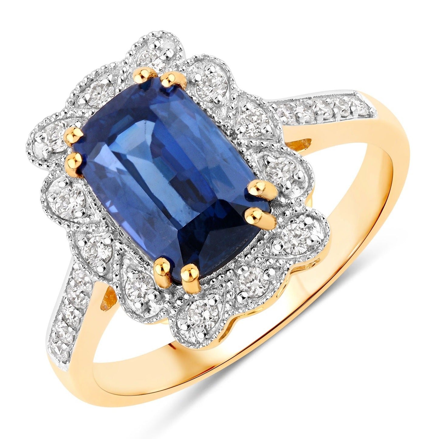 3.21 Ct Cushion Ceylon Blue Sapphire and White Diamond Prong 18K Gold Pave Halo Statement Ring