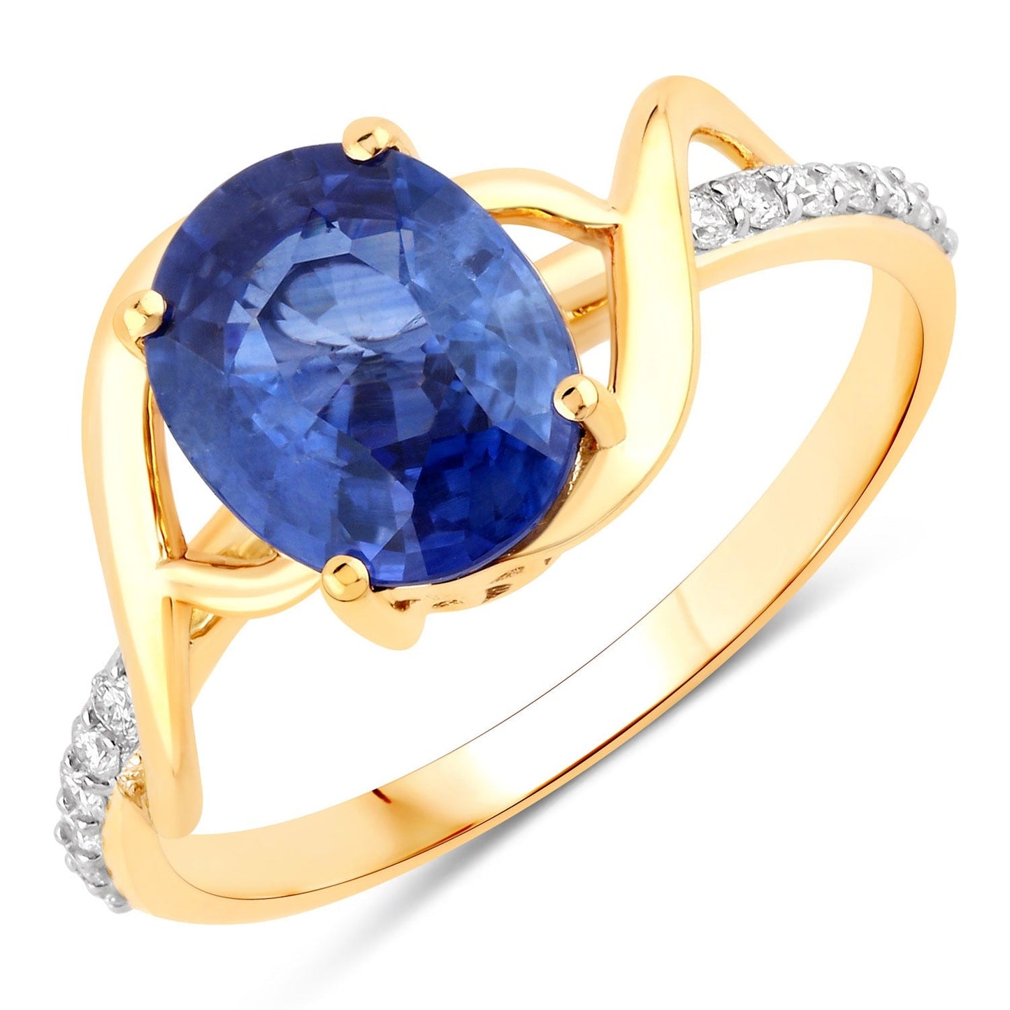 2.34 Ct Oval Ceylon Blue Sapphire and White Diamond Prong 18K Yellow Gold Pave Crossover Ring