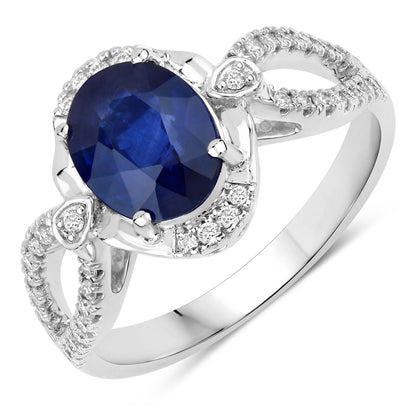 2.33 Ct Oval Ceylon Blue Sapphire and White Diamond Prong 18K White Gold Pave Halo Crossover Ring