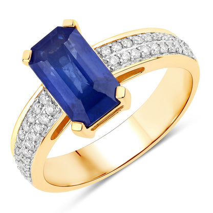 3.14 Ct Octagon Ceylon Blue Sapphire and White Diamond Prong 18K Yellow Gold Pave Bridge Ring
