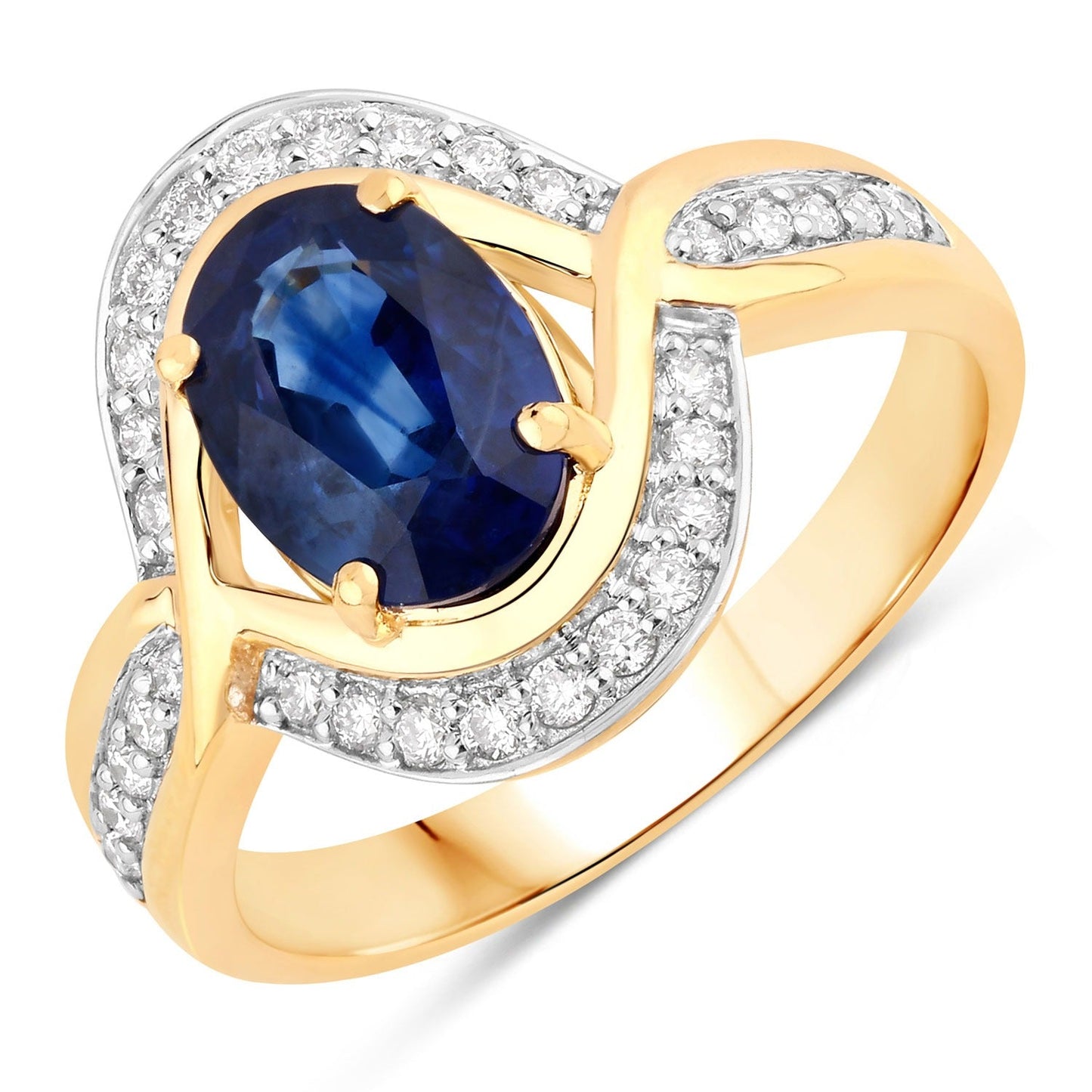 2.37 Ct Oval Ceylon Blue Sapphire and White Diamond Prong 18K Yellow Gold Pave Halo Statement Ring
