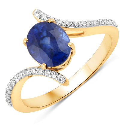 2.42 Ct Oval Ceylon Blue Sapphire and White Diamond Prong 18K Yellow Gold Pave Bypass Ring