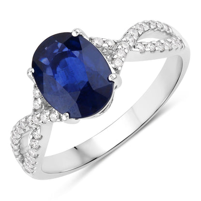 2.18 Ct Oval Ceylon Blue Sapphire and White Diamond Prong 18K White Gold Pave Crossover Engagement Ring