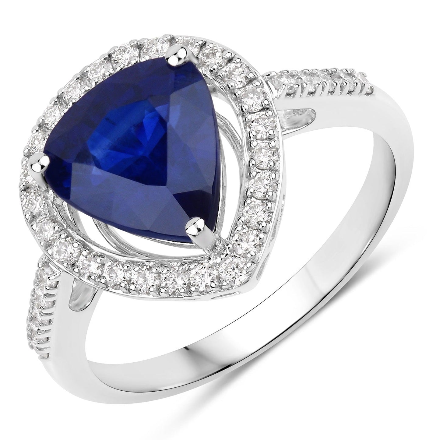 3.47 Ct Pear Ceylon Blue Sapphire and White Diamond Prong 18K White Gold Pave Halo Statement Ring
