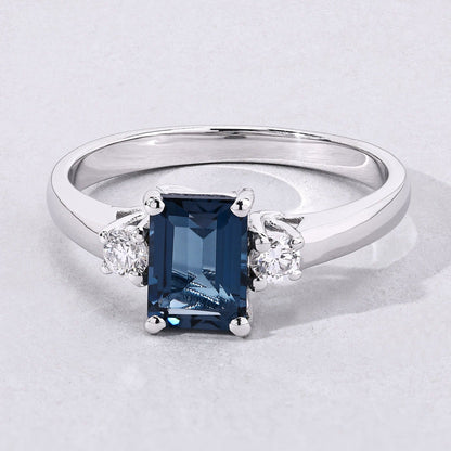 1.07 Ct Octagon London Blue Topaz and Diamond Prong Silver Three Stone Ring