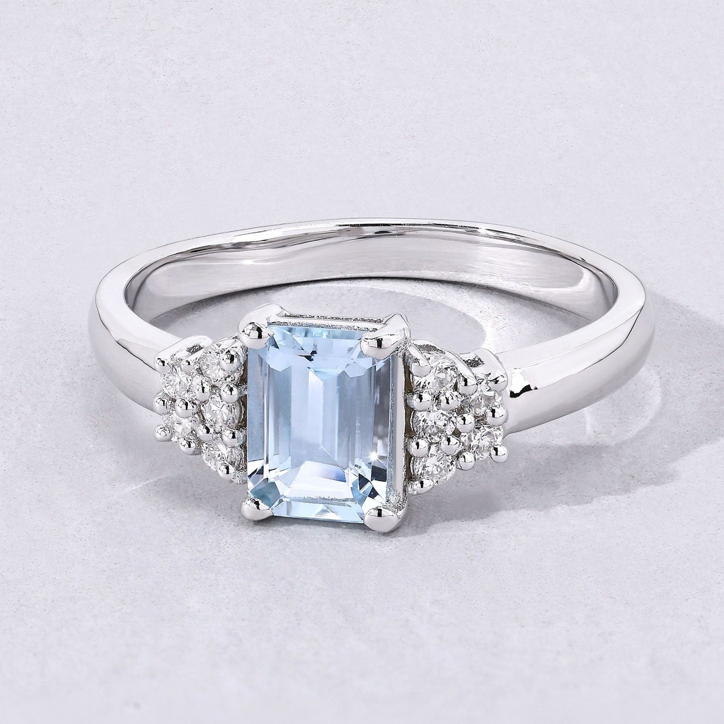 0.80 Ct Octagon Blue Aquamarine and Lab Diamond Prong Silver Cocktail Ring