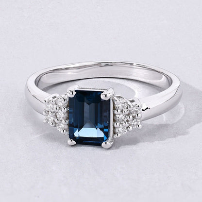 1.07 Ct Octagon London Blue Topaz and Lab Diamond Prong Silver Cocktail Ring