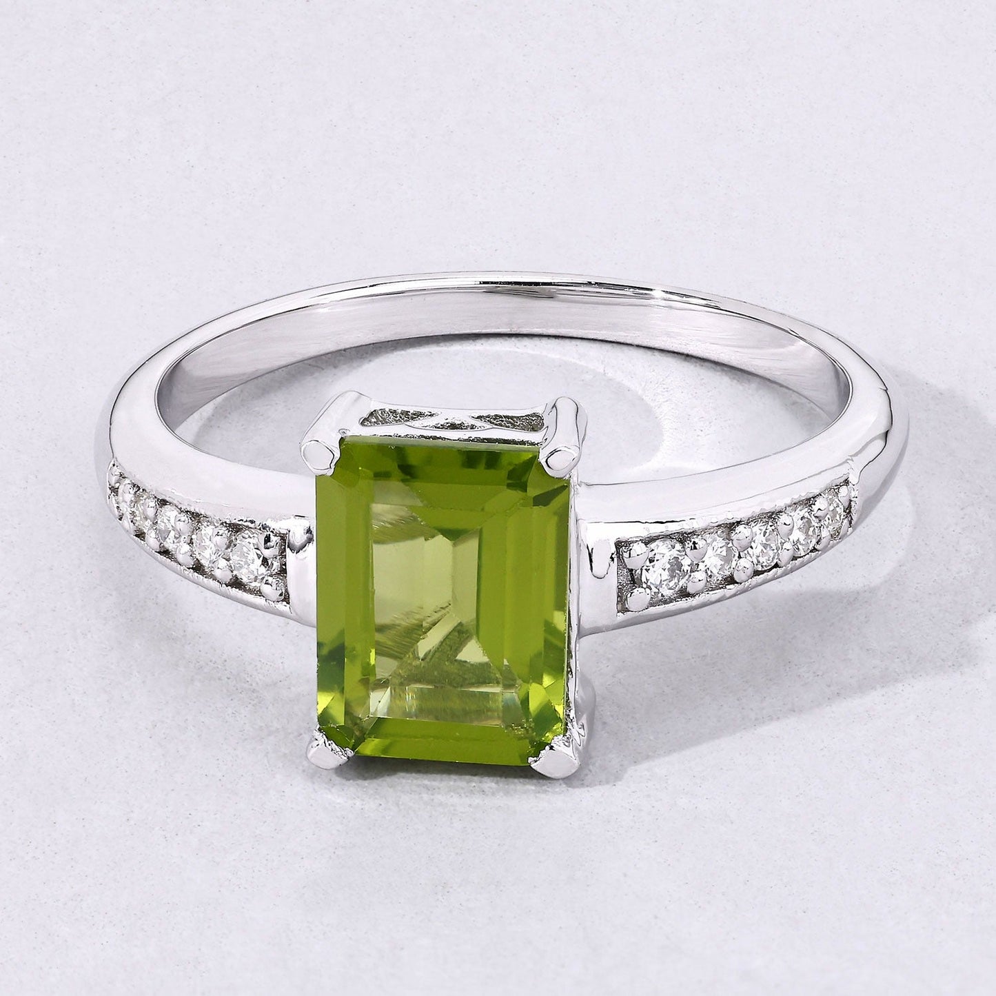 1.60 Ct Octagon Green Peridot and Lab Diamond Prong Silver Pave Bridge Ring