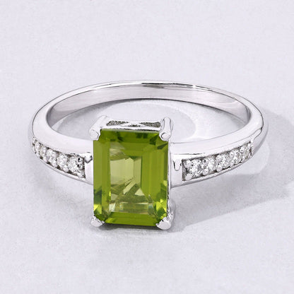 1.60 Ct Octagon Green Peridot and Lab Diamond Prong Silver Pave Bridge Ring
