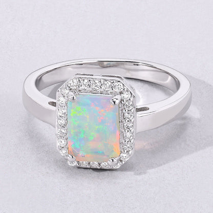 1.05 Ct Octagon Ethiopian Opal and Lab Diamond Prong Silver Halo Ring