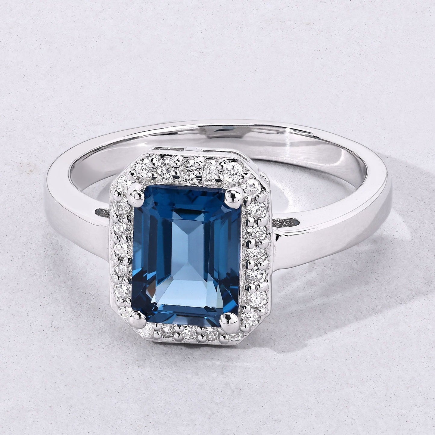 1.60  Ct Octagon London Blue Topaz and Lab Diamond Prong Silver Halo Ring
