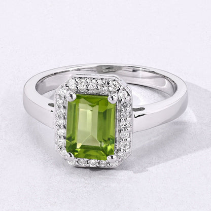 3.36 Ct Octagon Green Peridot and Lab Diamond Prong Silver Halo Engagement Ring