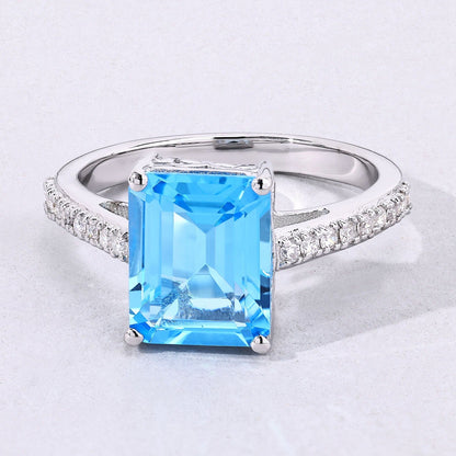 3.89 Ct Octagon Swiss Blue Topaz & Lab Diamond Prong Silver Pave Bridge Ring