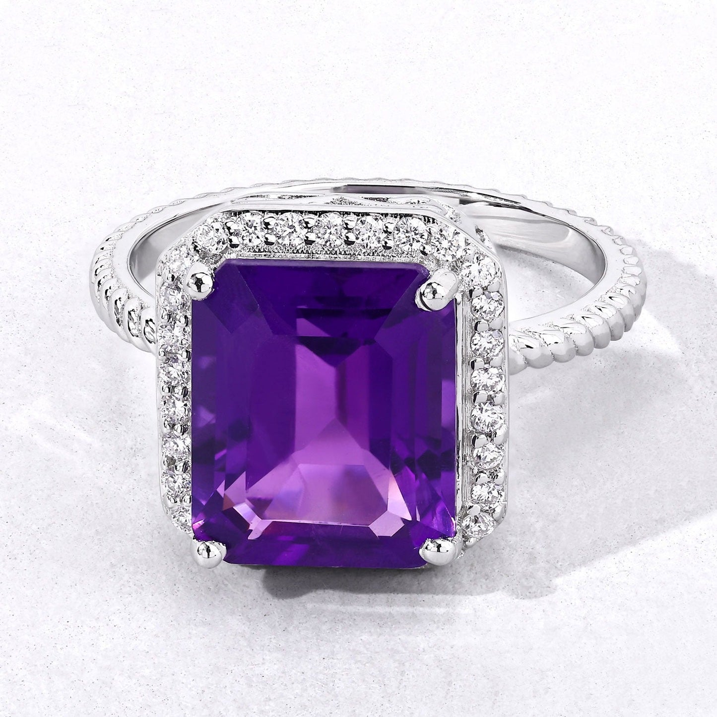 3.80 Ct Octagon Purple Amethyst and Lab Diamond Prong Silver Halo Ring
