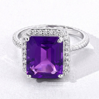 3.80 Ct Octagon Purple Amethyst and Lab Diamond Prong Silver Halo Ring