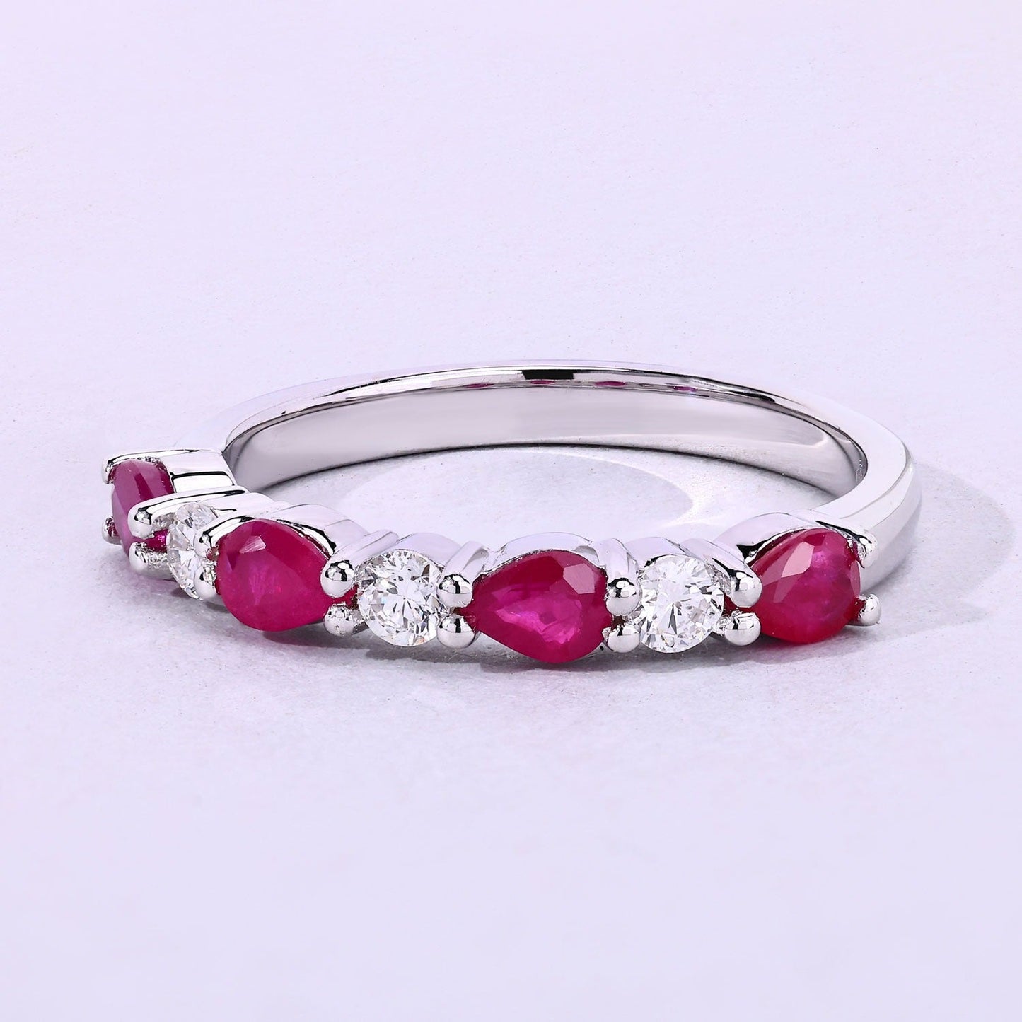 0.80 Ct Pear Pink Mozambique Ruby & Lab Diamond Silver Prong Seven Stone Half Eternity Ring