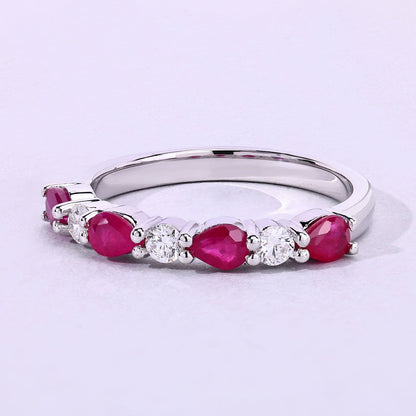 0.80 Ct Pear Pink Mozambique Ruby & Lab Diamond Silver Prong Seven Stone Half Eternity Ring