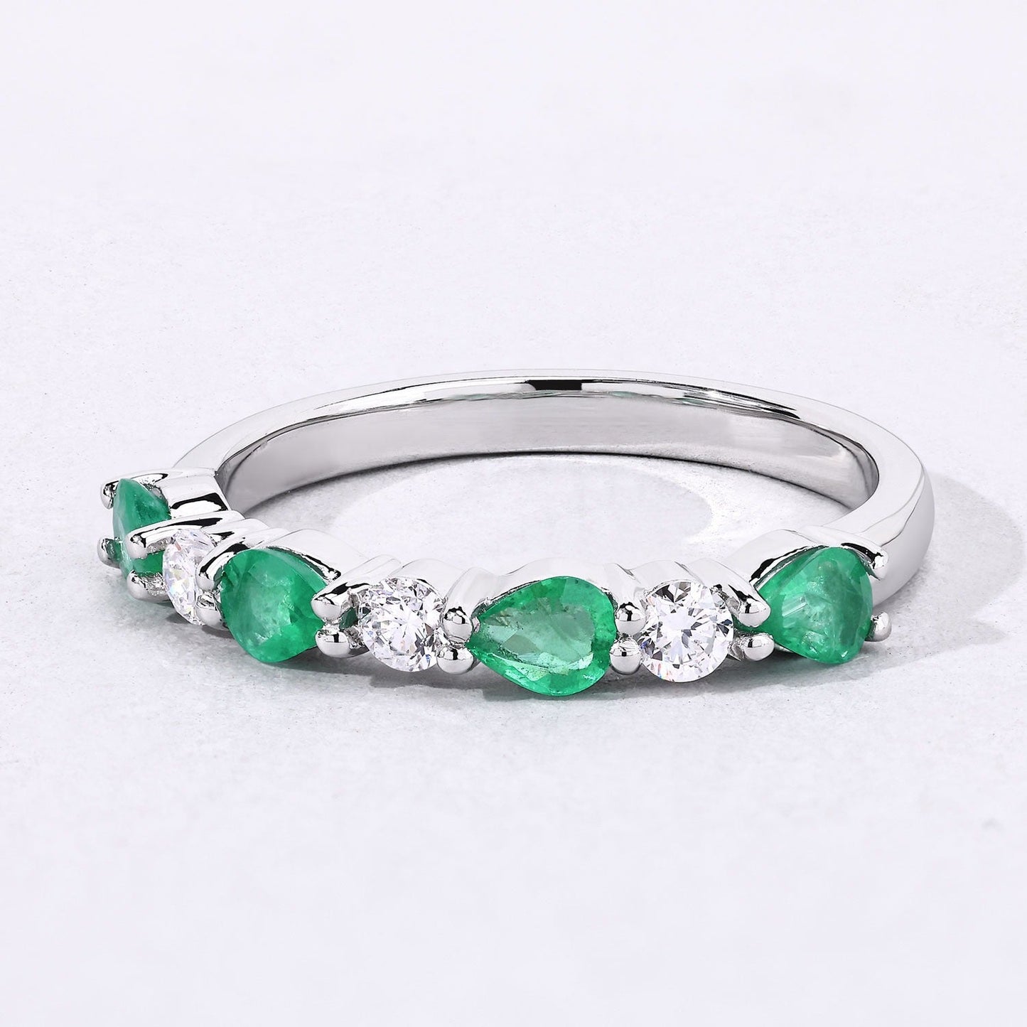 0.56 Ct Pear Green Zambian Emerald & Lab Diamond Prong Silver Seven Stone Half Eternity Ring