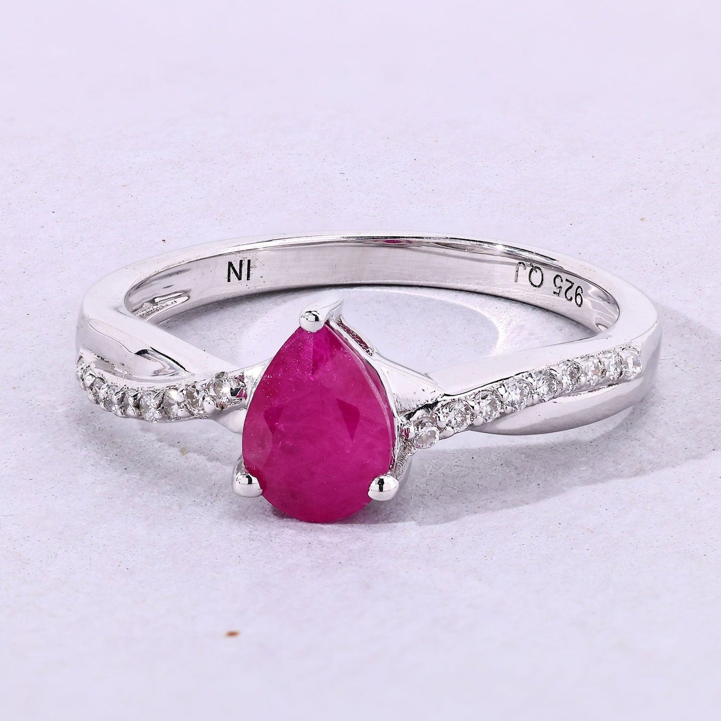0.80 Ct Pear Pink Ruby & Lab Diamond Prong Silver Pave Crossover Ring
