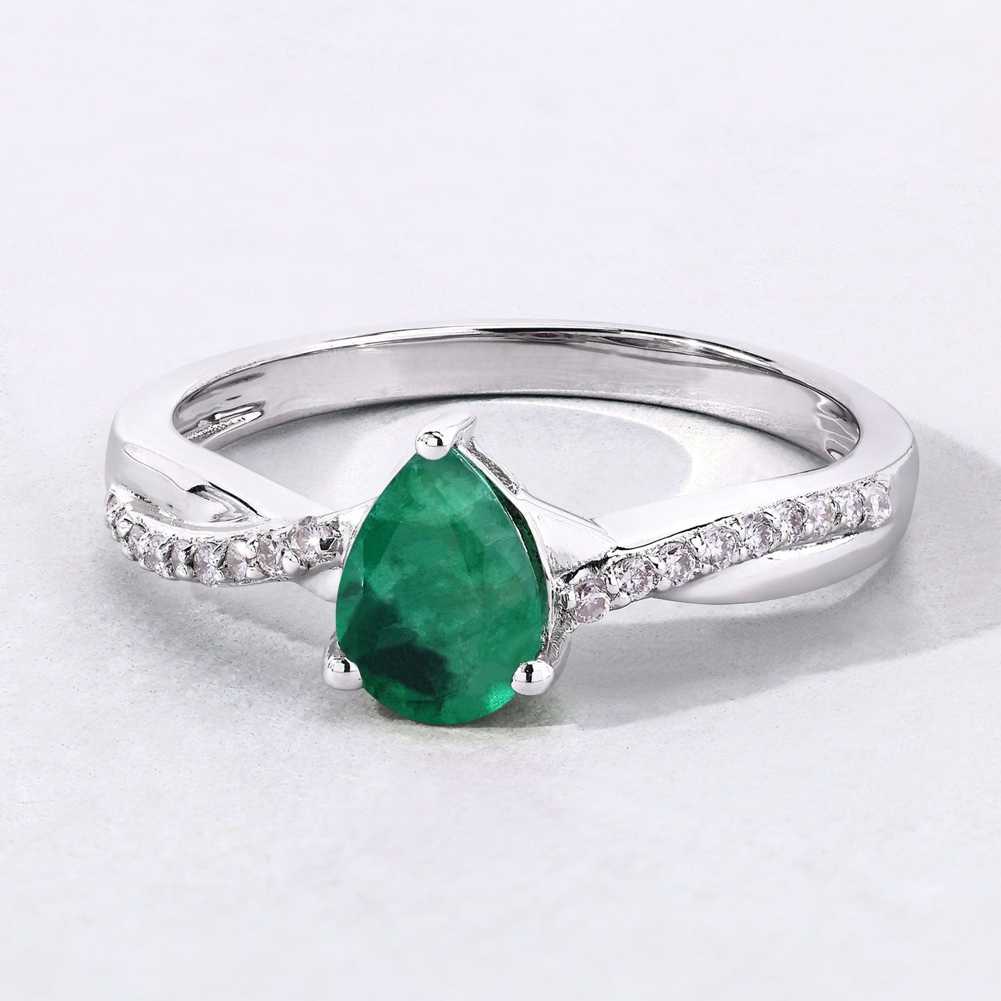 0.65 Ct Pear Green Zambian Emerald & Lab Diamond Prong Silver Pave Crossover Ring