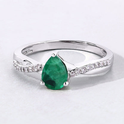 0.65 Ct Pear Green Zambian Emerald & Lab Diamond Prong Silver Pave Crossover Ring