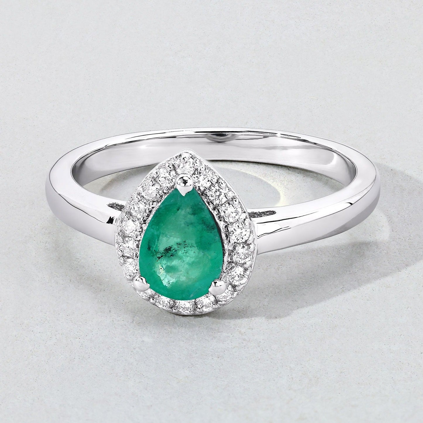 0.65 Ct Pear Green Zambian Emerald & Lab Diamond Prong Silver Halo Ring