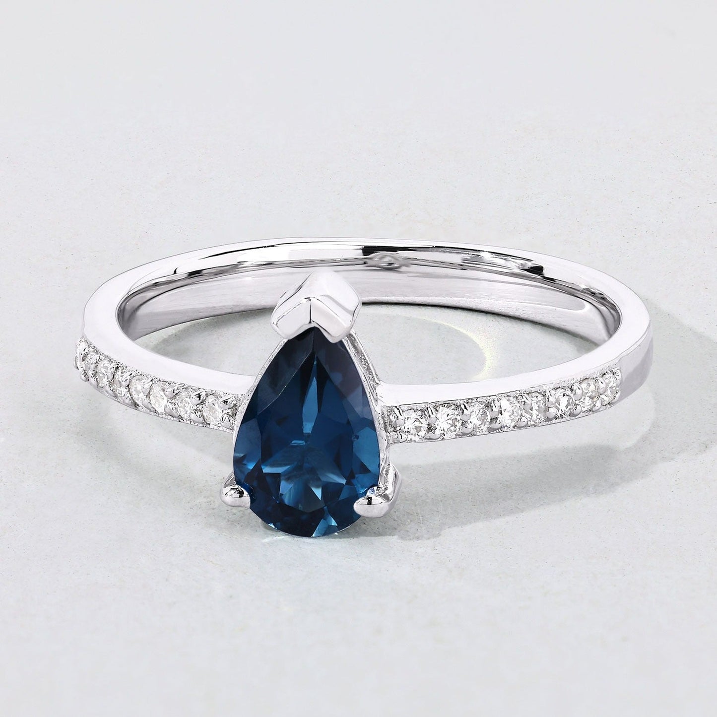 1 Ct Pear London Blue Topaz Lab Diamond V-Prong Silver Pave Bridge Ring
