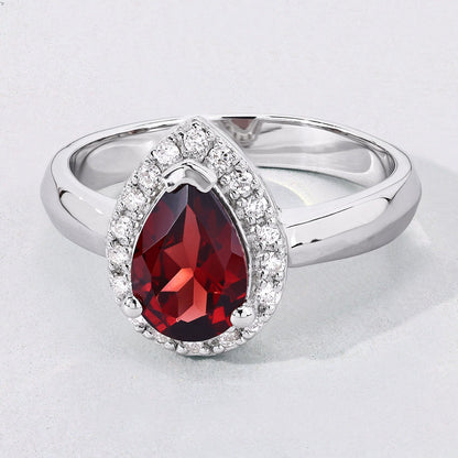 1.30 Ct Pear Red Mozambique Garnet & Lab Diamond Prong Silver Halo Ring