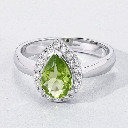 1.10 Ct Pear Green Peridot & Lab Diamond Prong Silver Halo Engagement Ring