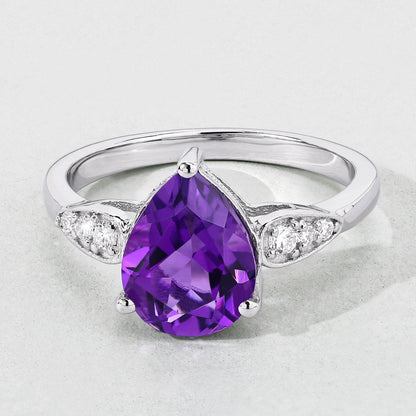2.10 Ct Pear Purple Amethyst and Lab Diamond Prong Silver Cocktail Ring