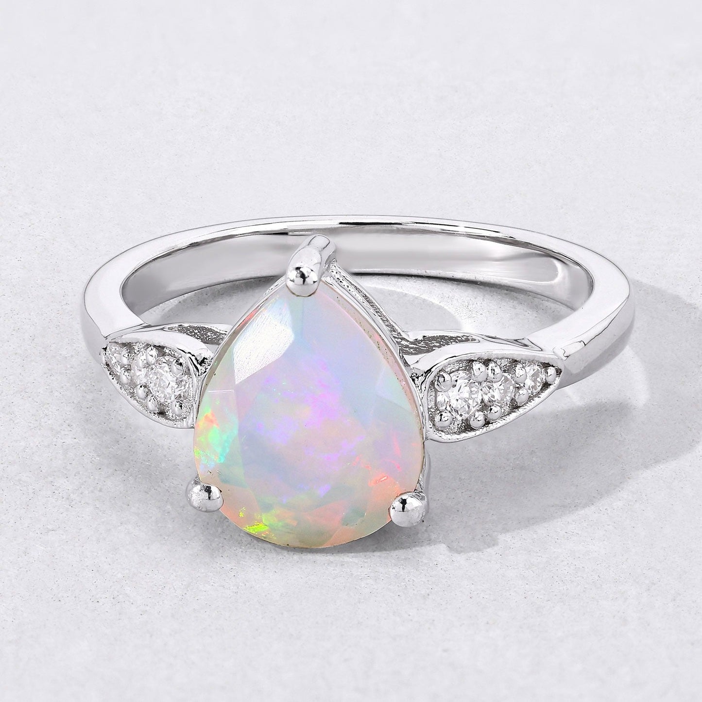 1.40 Ct Pear White Ethiopian Opal & Lab Diamond Prong Silver Cocktail Ring