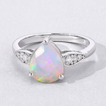 1.40 Ct Pear White Ethiopian Opal & Lab Diamond Prong Silver Cocktail Ring