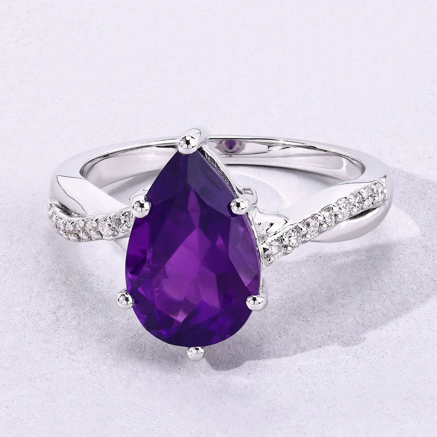 2.50 Ct Pear Purple Amethyst and Lab Diamond Prong Silver Pave Bypass Ring